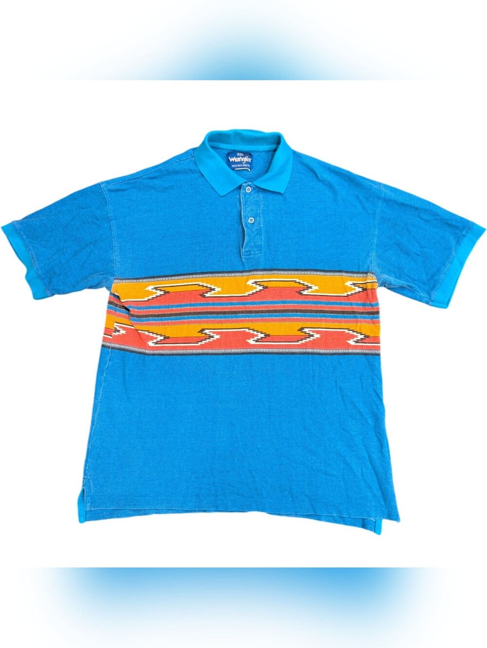 Vtg Wrangler Western Aztec Turquoise Short Sleeve Polo Men's Size Large Southwes